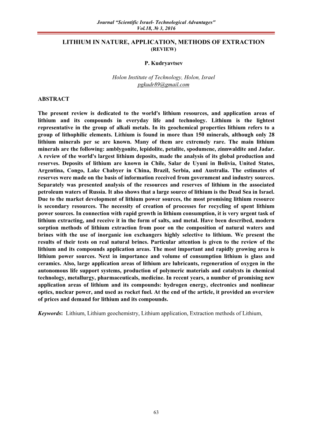 Lithium in Nature, Application, Methods of Extraction (Review)