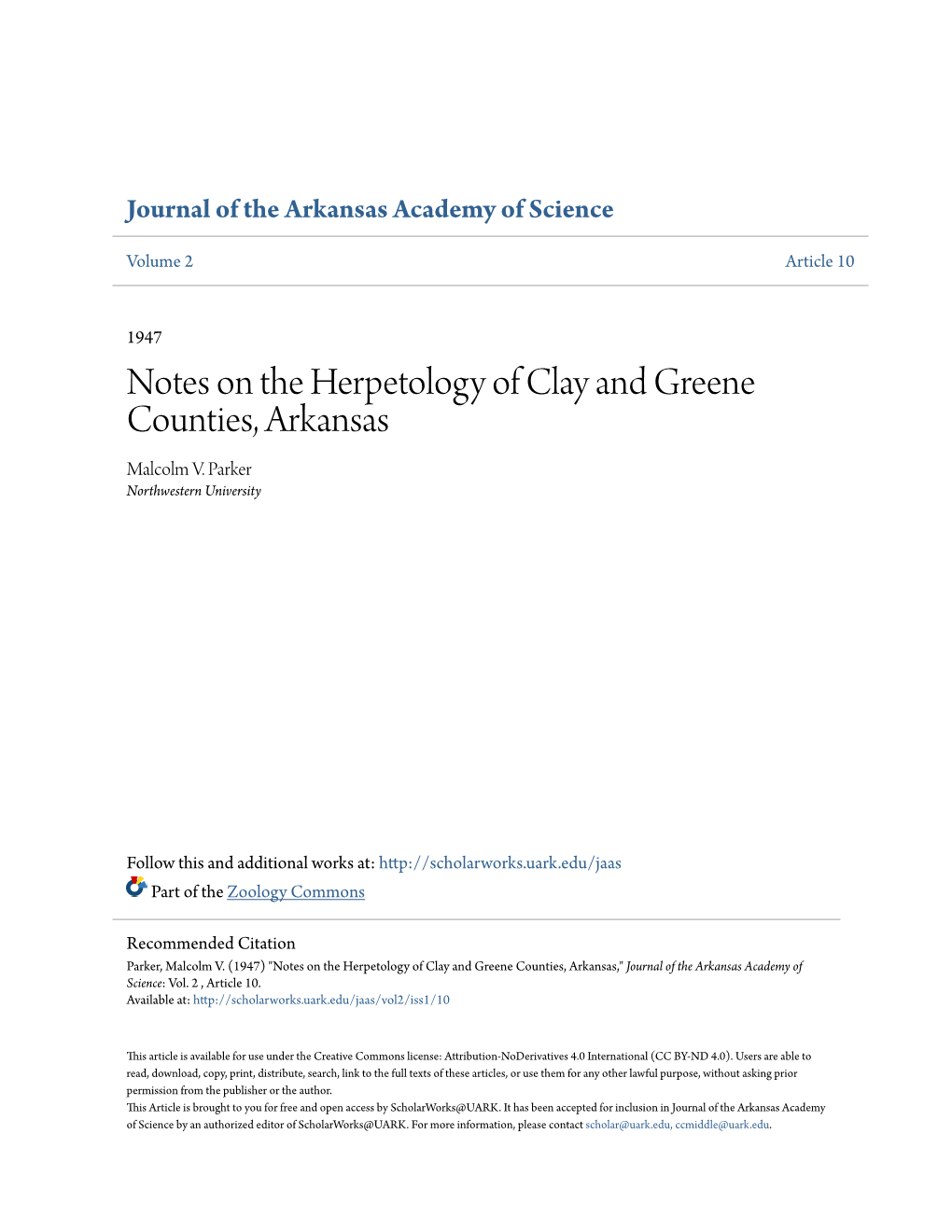 Notes on the Herpetology of Clay and Greene Counties, Arkansas Malcolm V