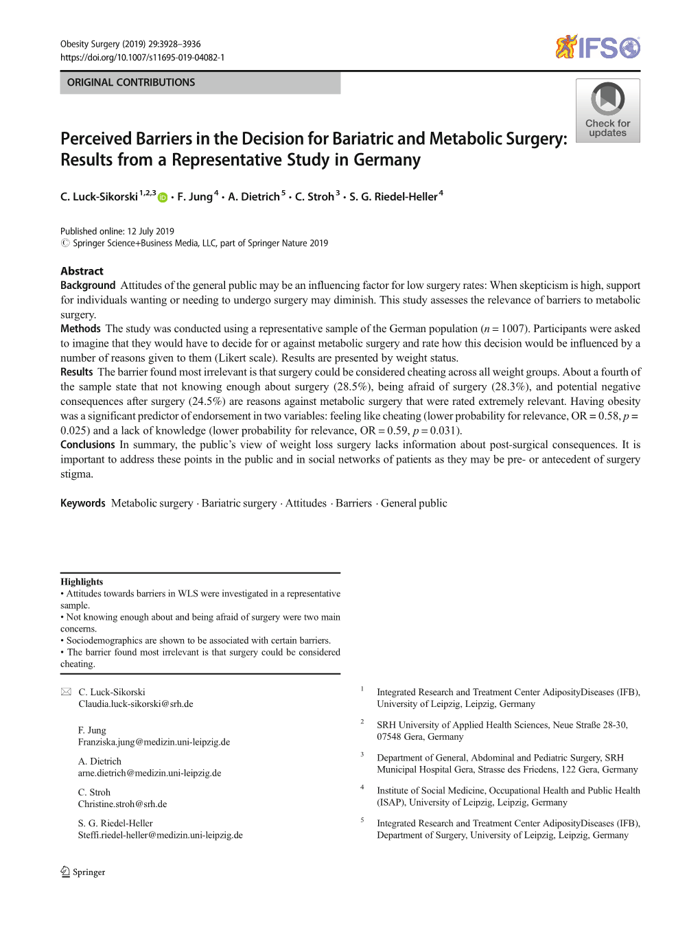 Perceived Barriers in the Decision for Bariatric and Metabolic Surgery: Results from a Representative Study in Germany