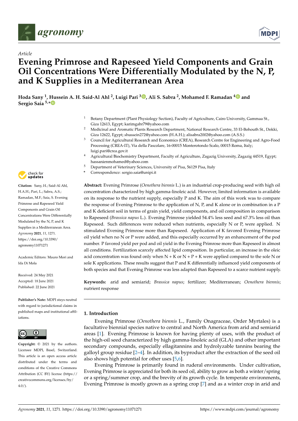 Evening Primrose and Rapeseed Yield Components and Grain Oil Concentrations Were Differentially Modulated by the N, P, and K Supplies in a Mediterranean Area