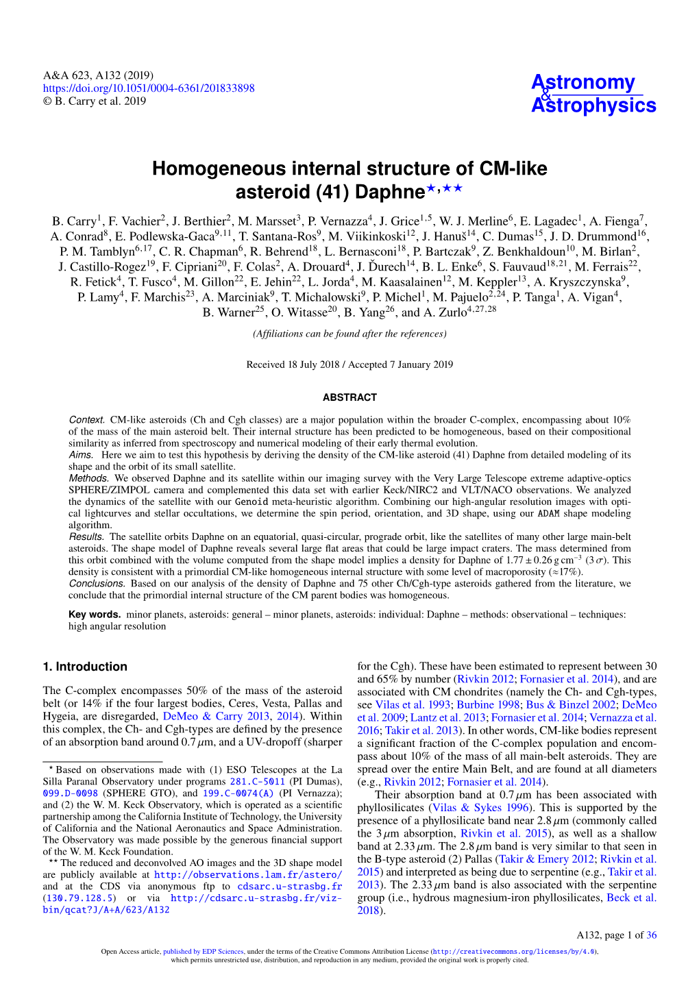 Homogeneous Internal Structure of CM-Like Asteroid (41) Daphne?,?? B