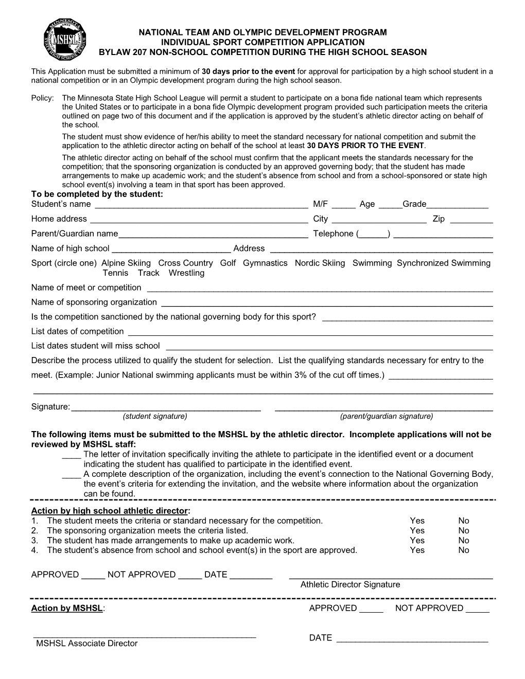 Individual Sport Competition Application Bylaw 207 Non-School Competition During the High School Season