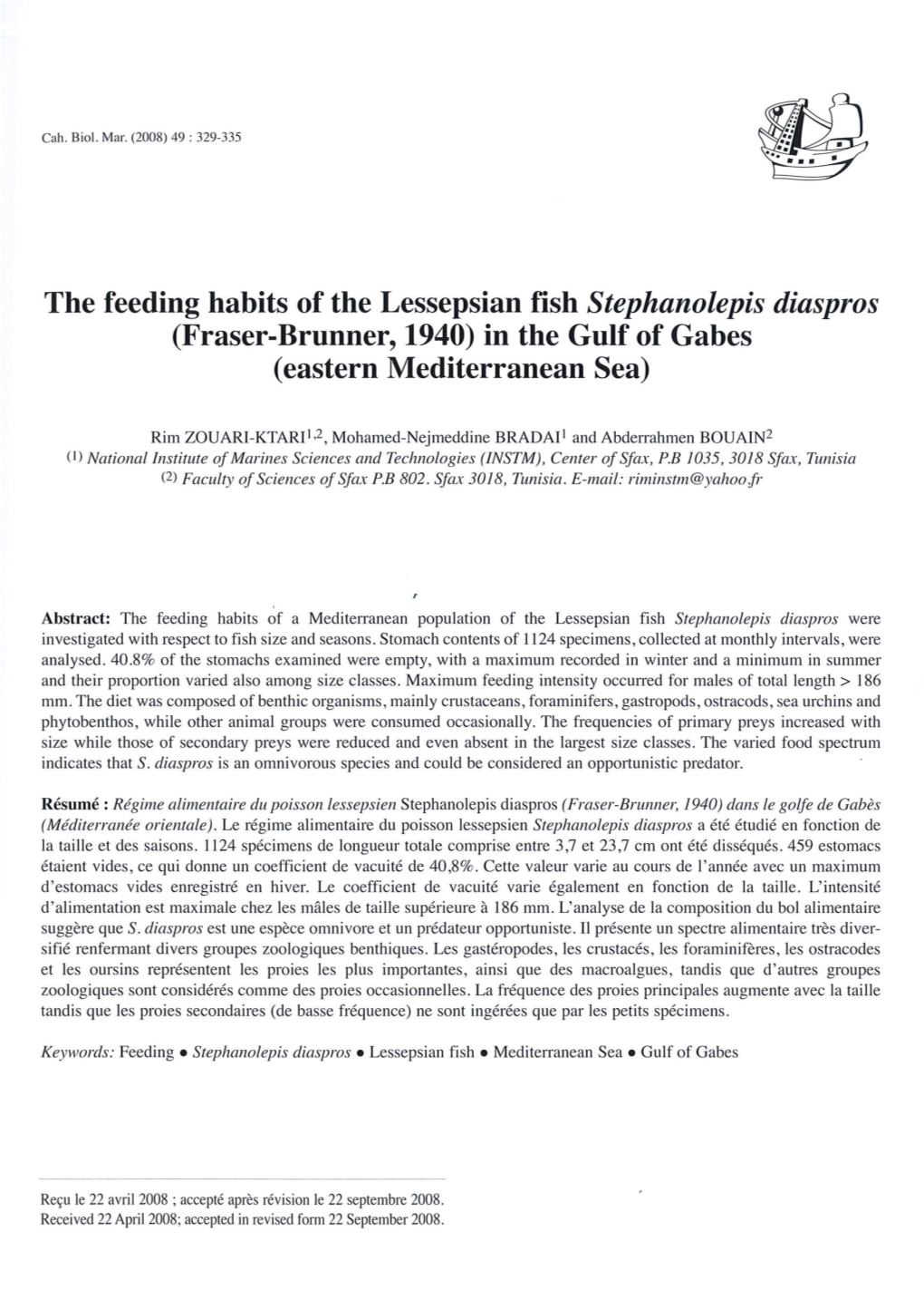 The Feeding Habits of the Lessepsian Fish Stephanolepis Diaspros (Fraser-Brunner, 1940) in the Gulf of Gabes (Eastern Mediterranean Sea)