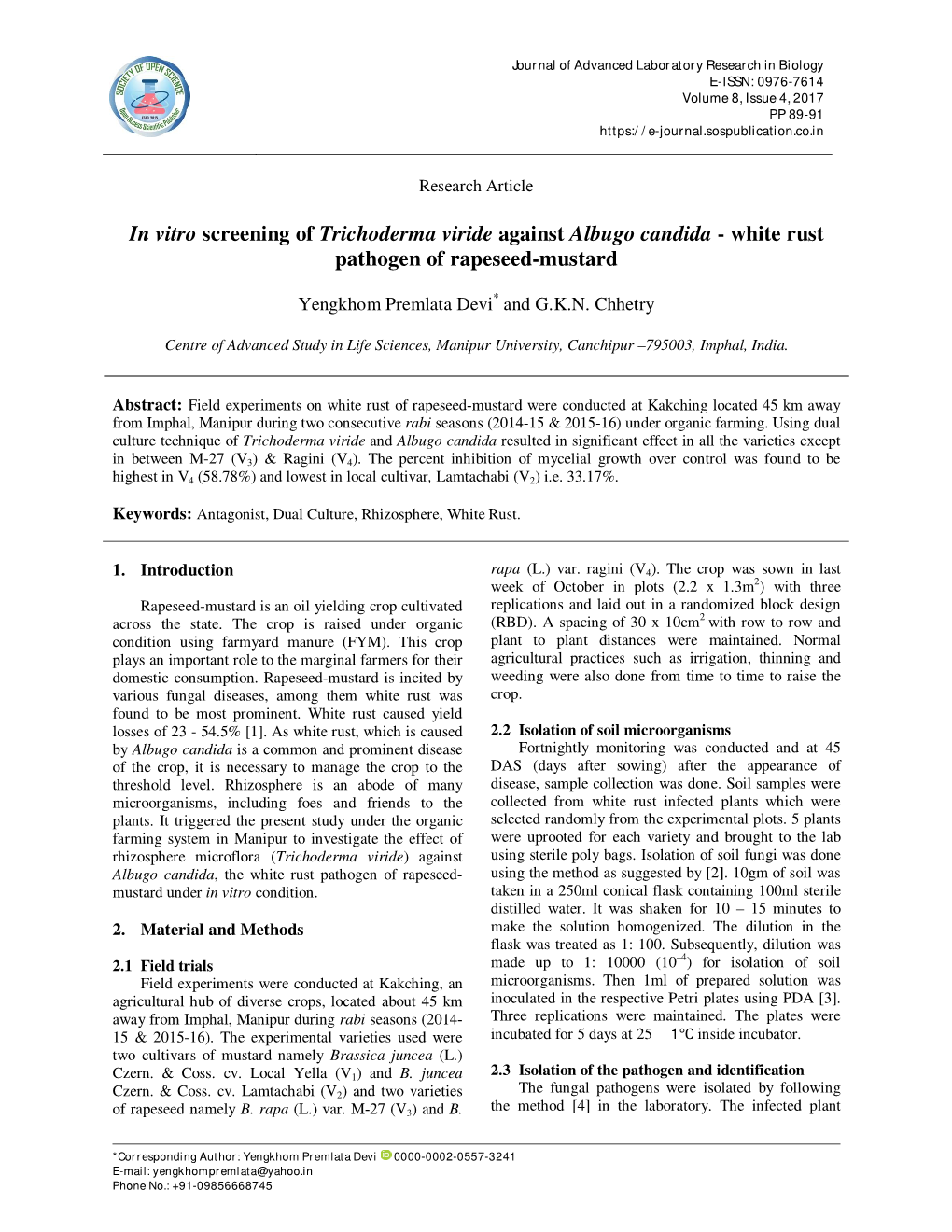 In Vitro Screening of Trichoderma Viride Against Albugo Candida - White Rust Pathogen of Rapeseed-Mustard