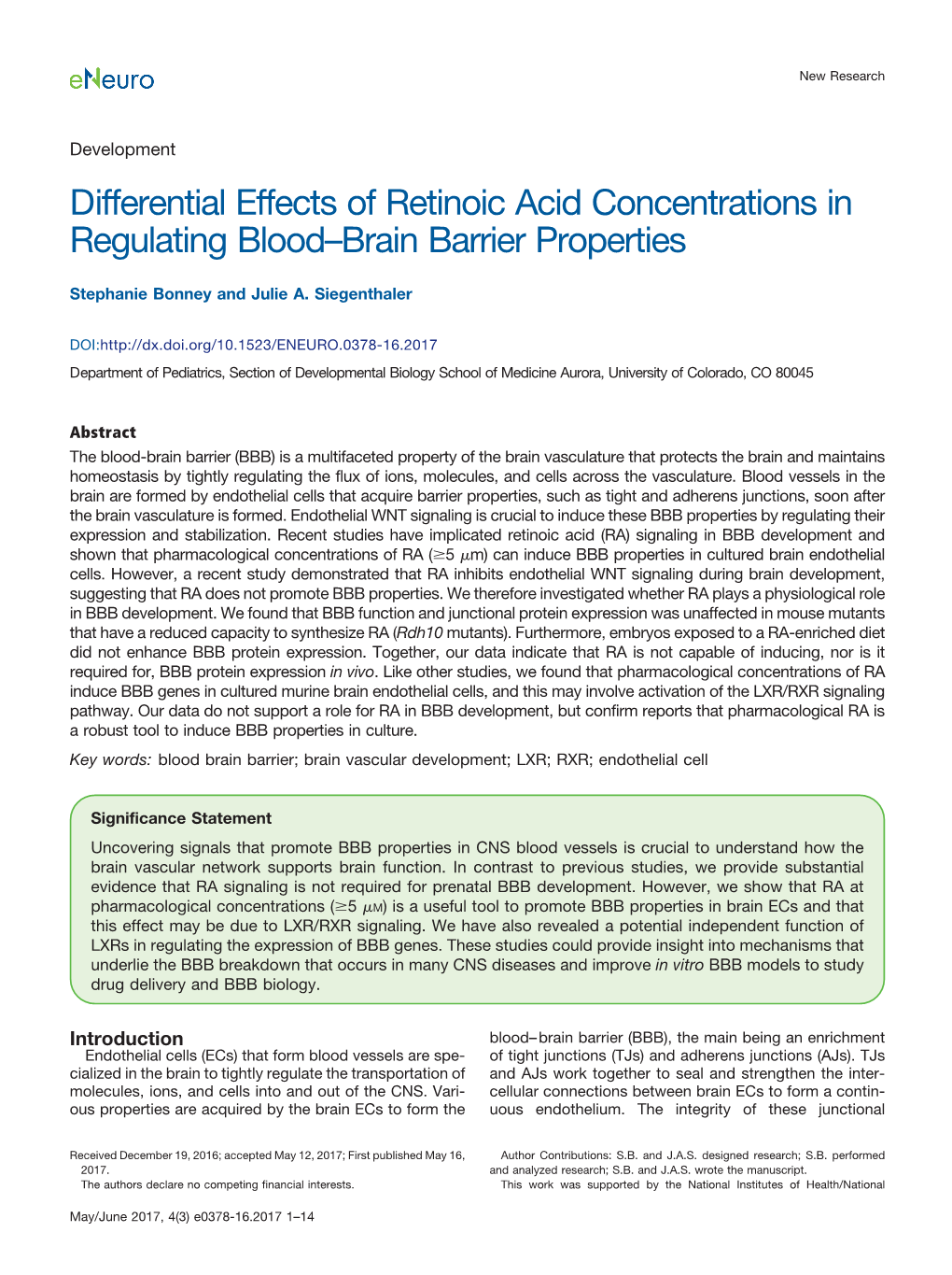 Differential Effects of Retinoic Acid Concentrations in Regulating Blood–Brain Barrier Properties