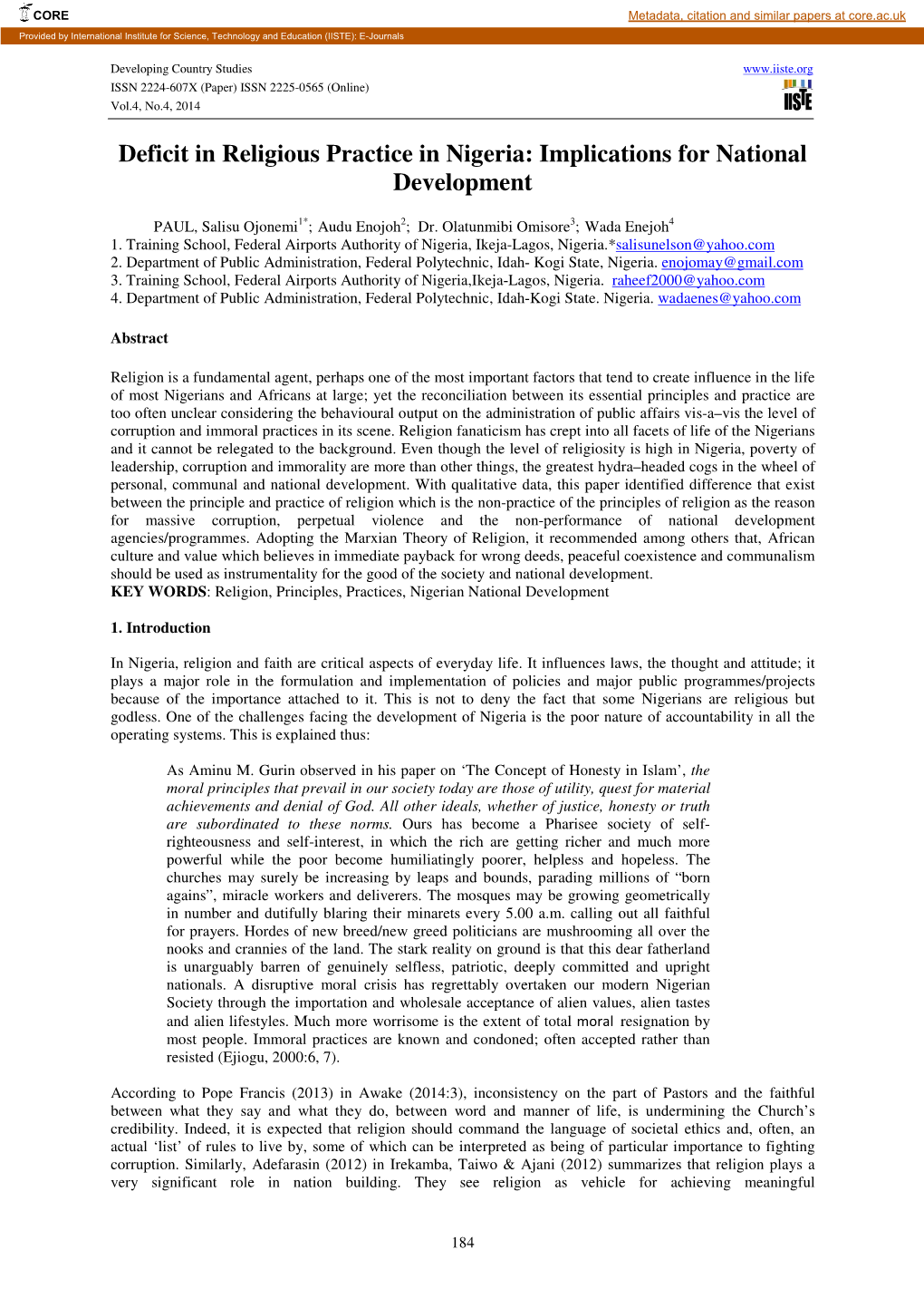 Deficit in Religious Practice in Nigeria: Implications for National Development