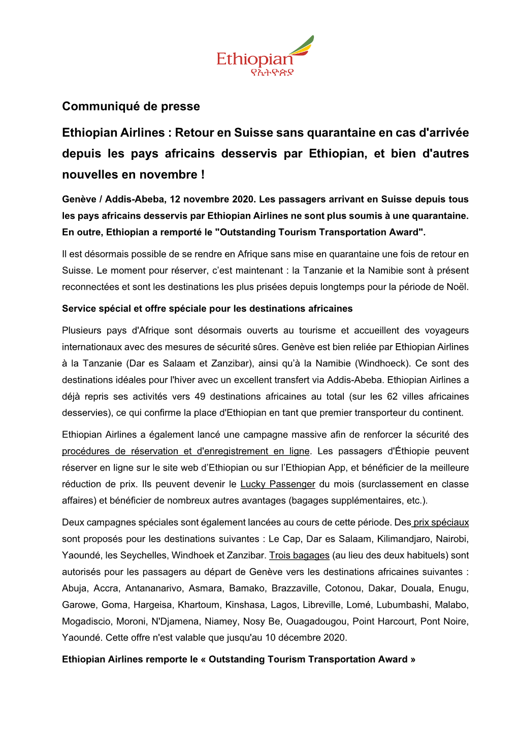 Communiqué De Presse Ethiopian Airlines