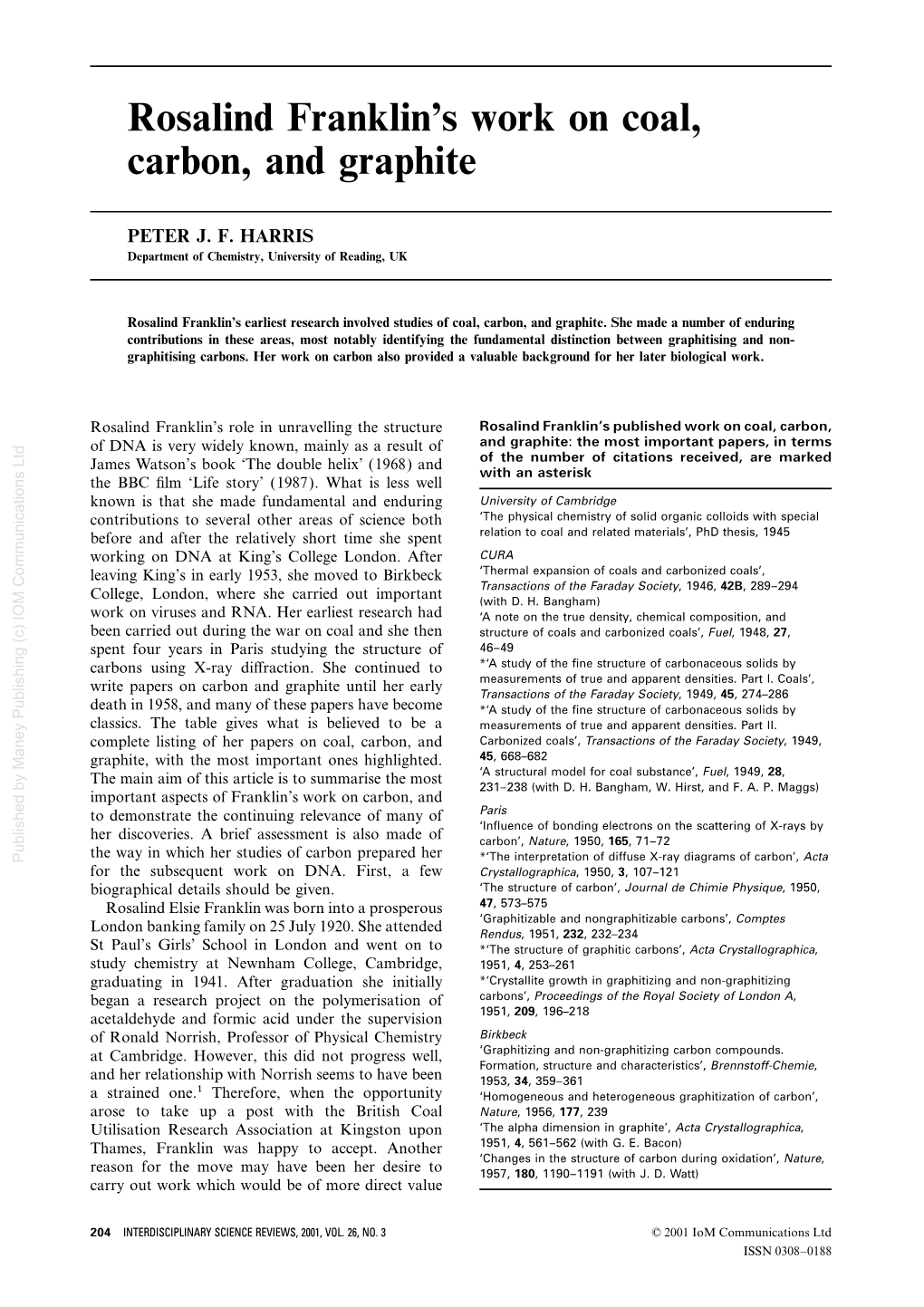 Rosalind Franklin's Work on Coal, Carbon, and Graphite