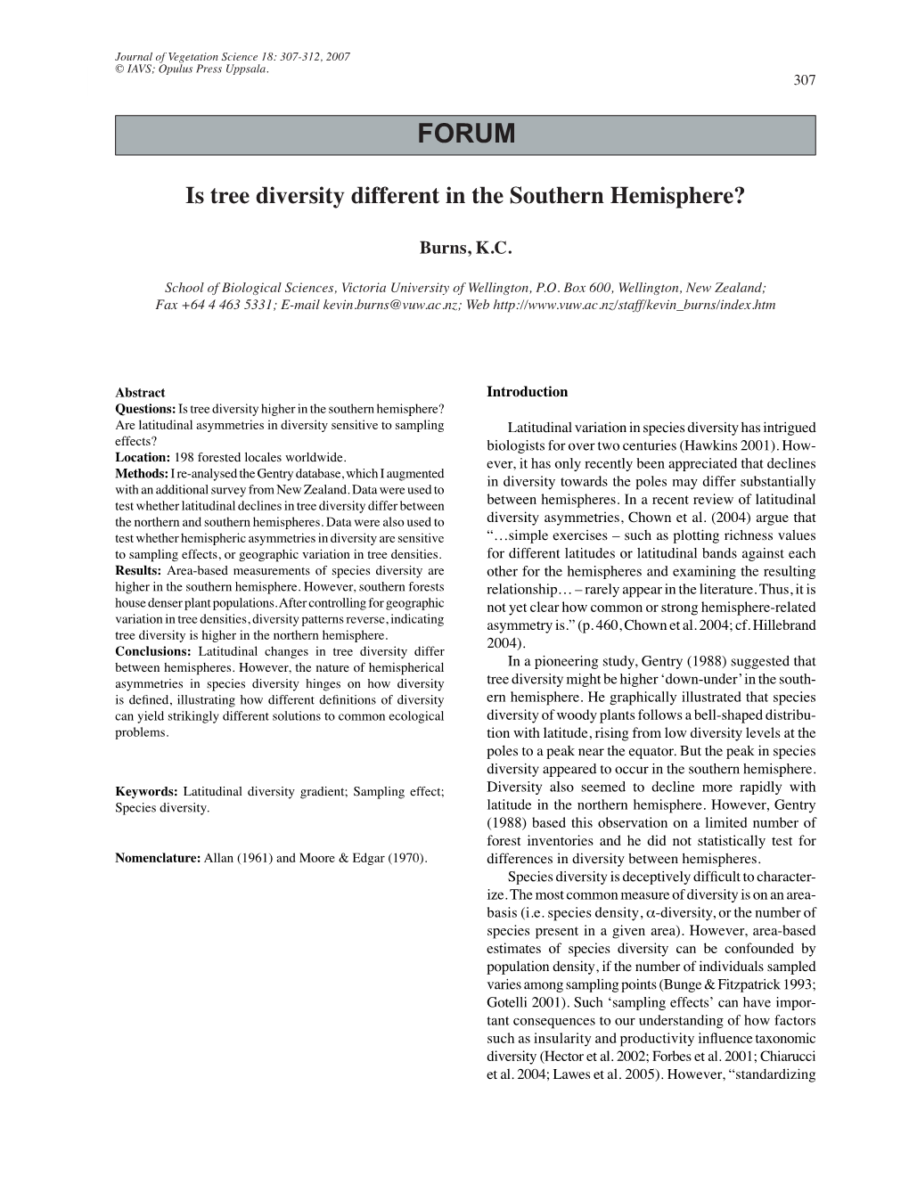 Is Tree Diversity Different in the Southern Hemisphere?