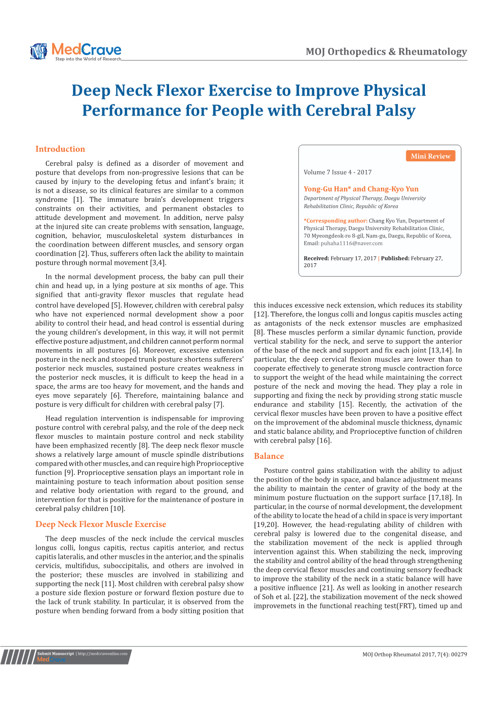 Deep Neck Flexor Exercise to Improve Physical Performance for People with Cerebral Palsy