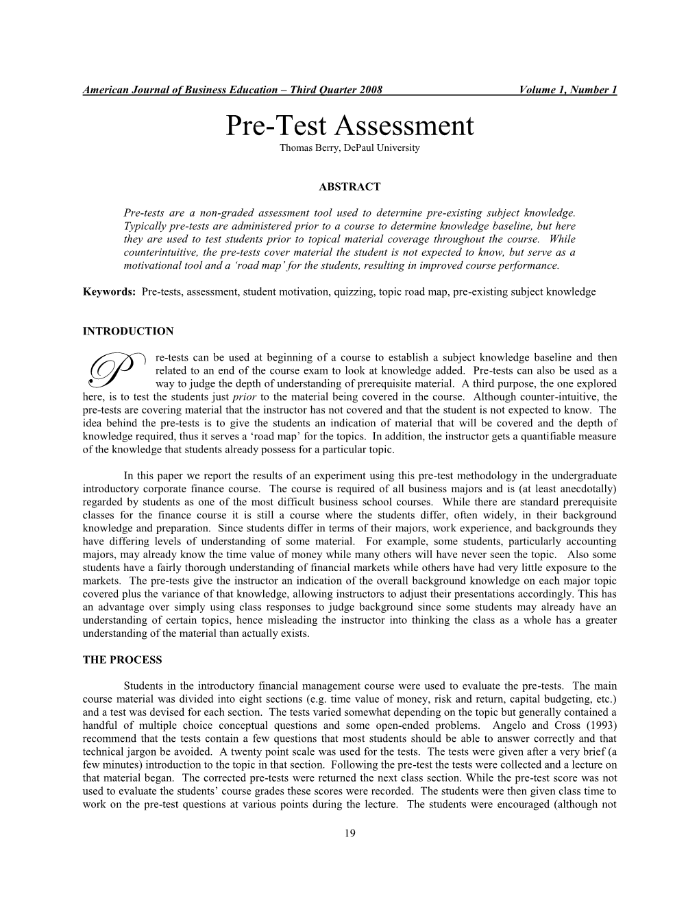 Pre-Test Assessment Thomas Berry, Depaul University