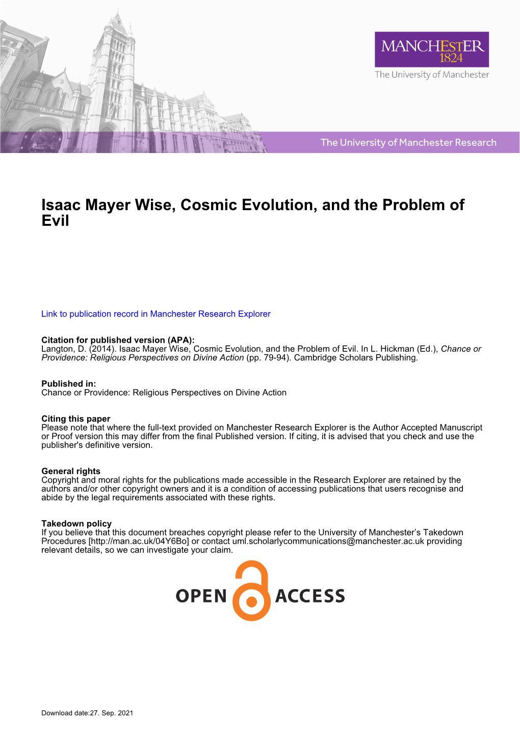 Isaac Mayer Wise, Cosmic Evolution, and the Problem of Evil