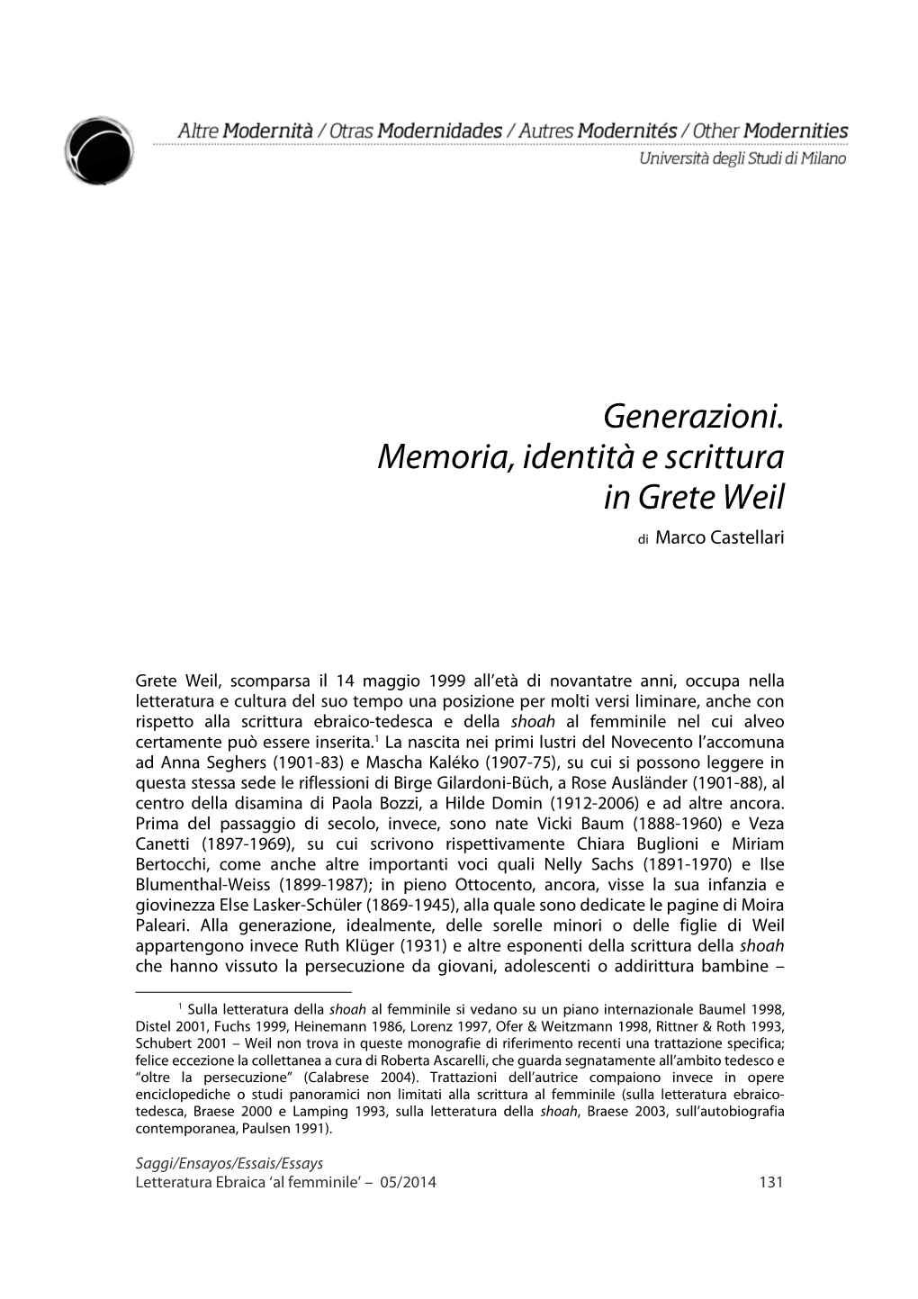Generazioni. Memoria, Identità E Scrittura in Grete Weil