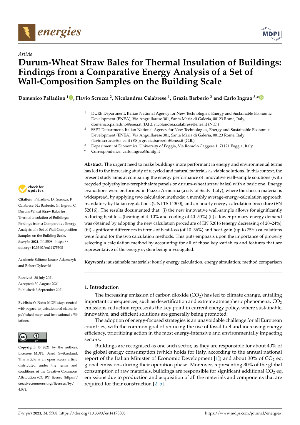 Durum-Wheat Straw Bales for Thermal Insulation of Buildings: Findings from a Comparative Energy Analysis of a Set of Wall-Composition Samples on the Building Scale