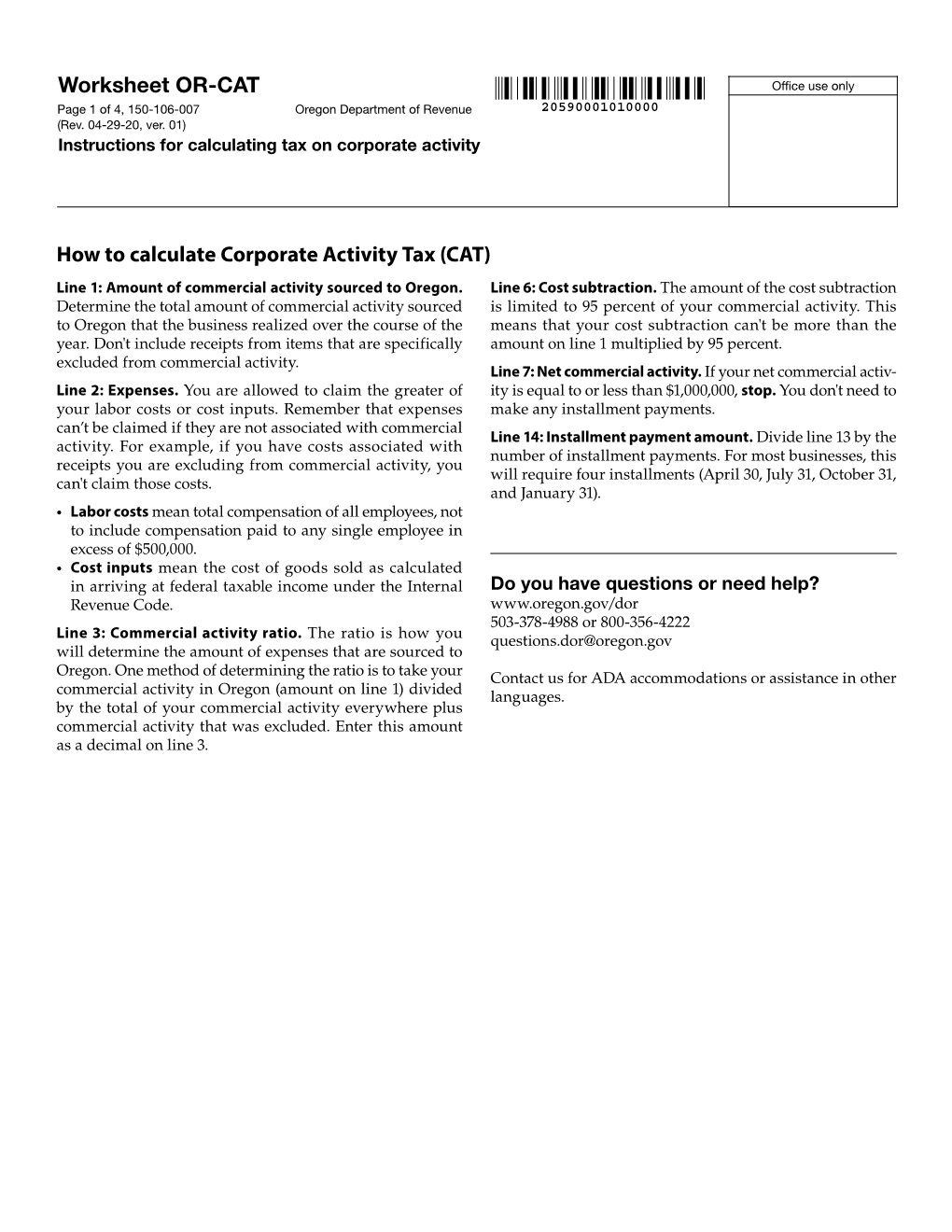 Worksheet OR-CAT Instructions for Calculating Tax on Corporate