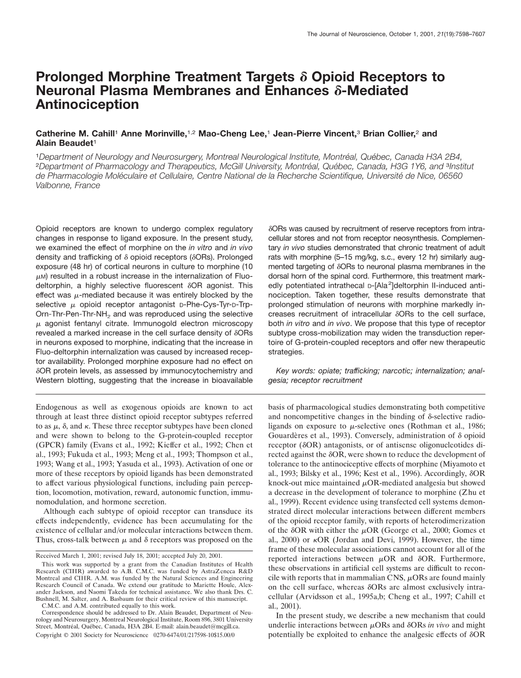 Prolonged Morphine Treatment Targets Δ Opioid Receptors To