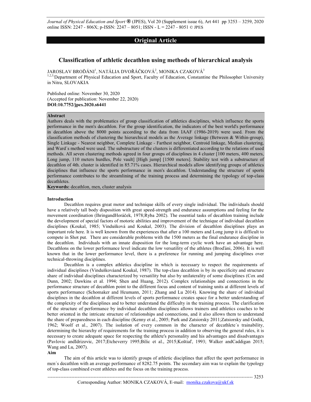 Original Article Classification of Athletic Decathlon Using Methods of Hierarchical Analysis