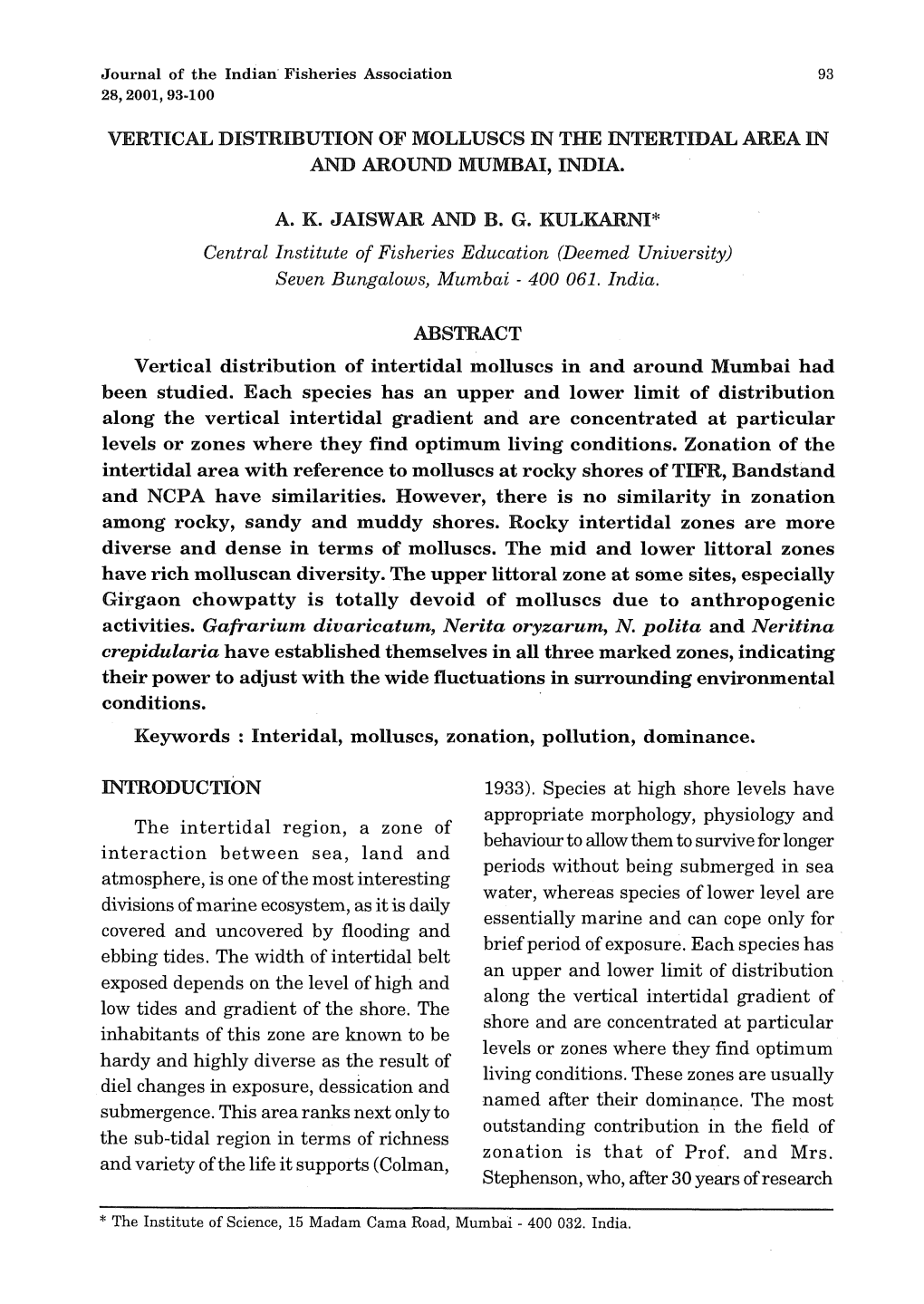 Vertical Distribution of Molluscs in the Intertidal Area in and Around