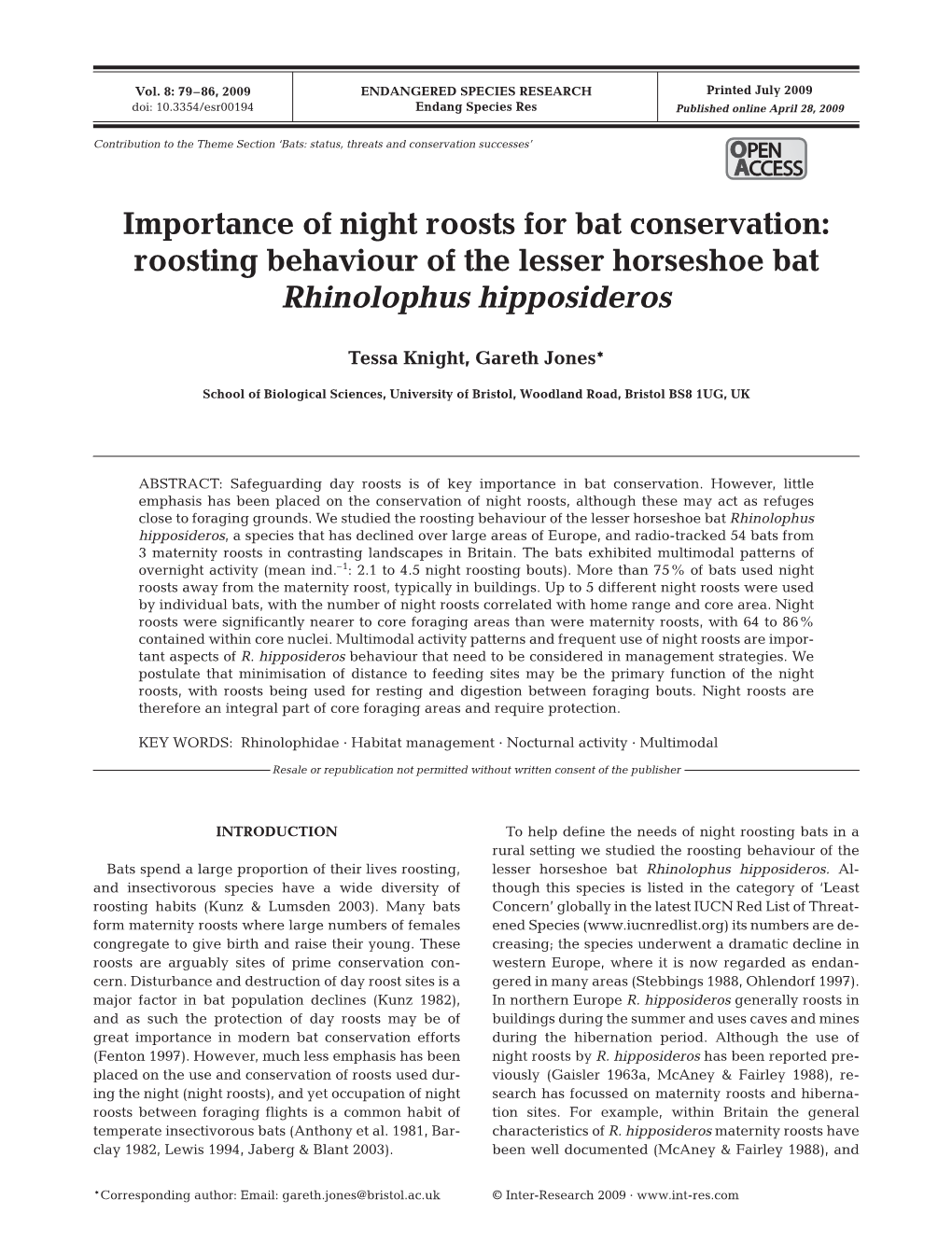 Importance of Night Roosts for Bat Conservation: Roosting Behaviour of the Lesser Horseshoe Bat Rhinolophus Hipposideros