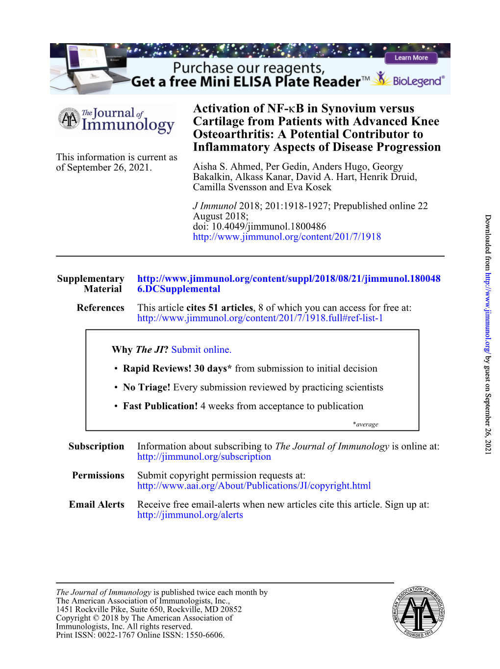 Activation of NF-Κb in Synovium Versus