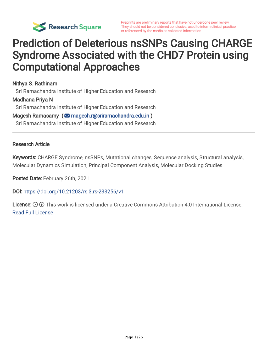 Prediction of Deleterious Nssnps Causing CHARGE Syndrome Associated with the CHD7 Protein Using Computational Approaches