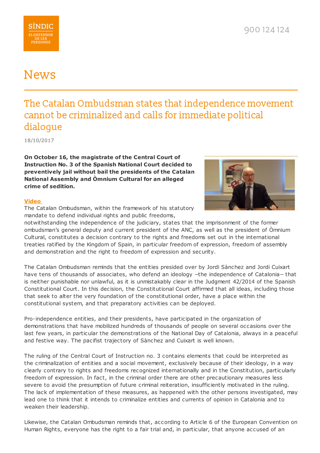 The Catalan Ombudsman States That Independence Movement Cannot Be Criminalized and Calls for Immediate Political Dialogue