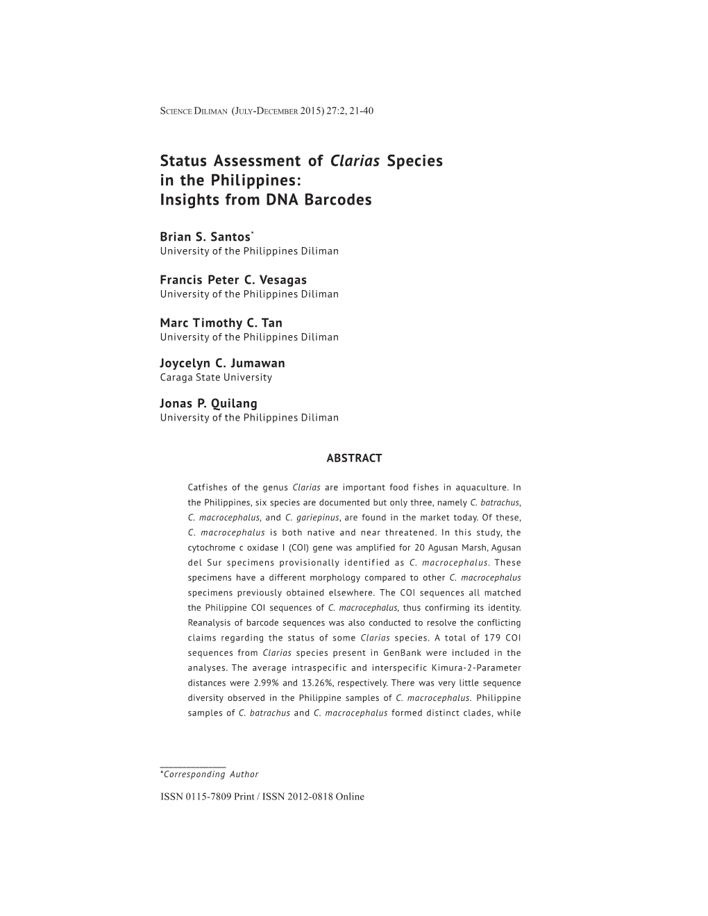 Status Assessment of Clarias Species in the Philippines: Insights from DNA Barcodes