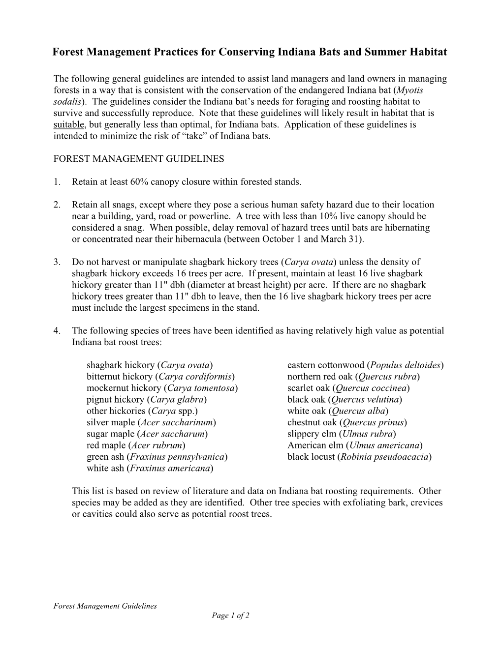 Forest Management Guidelines in Indiana Bat Summer Habitat