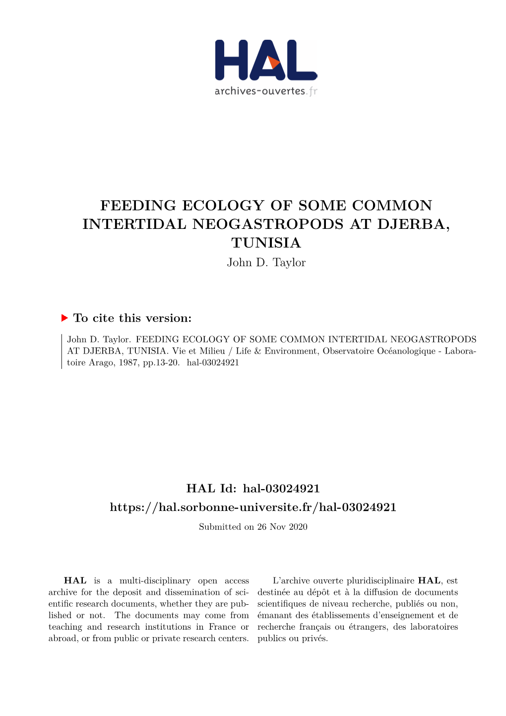 FEEDING ECOLOGY of SOME COMMON INTERTIDAL NEOGASTROPODS at DJERBA, TUNISIA John D