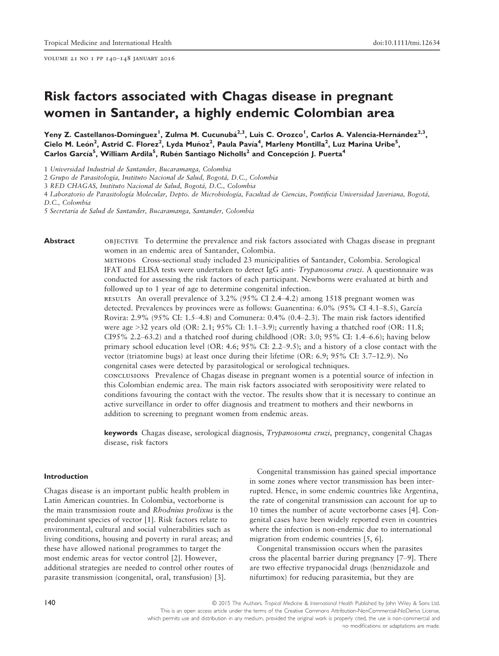 Risk Factors Associated with Chagas Disease in Pregnant Women in Santander, a Highly Endemic Colombian Area