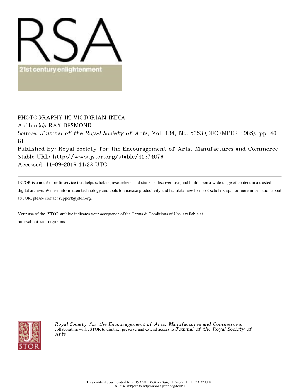 PHOTOGRAPHY in VICTORIAN INDIA Author(S): RAY DESMOND Source: Journal of the Royal Society of Arts, Vol