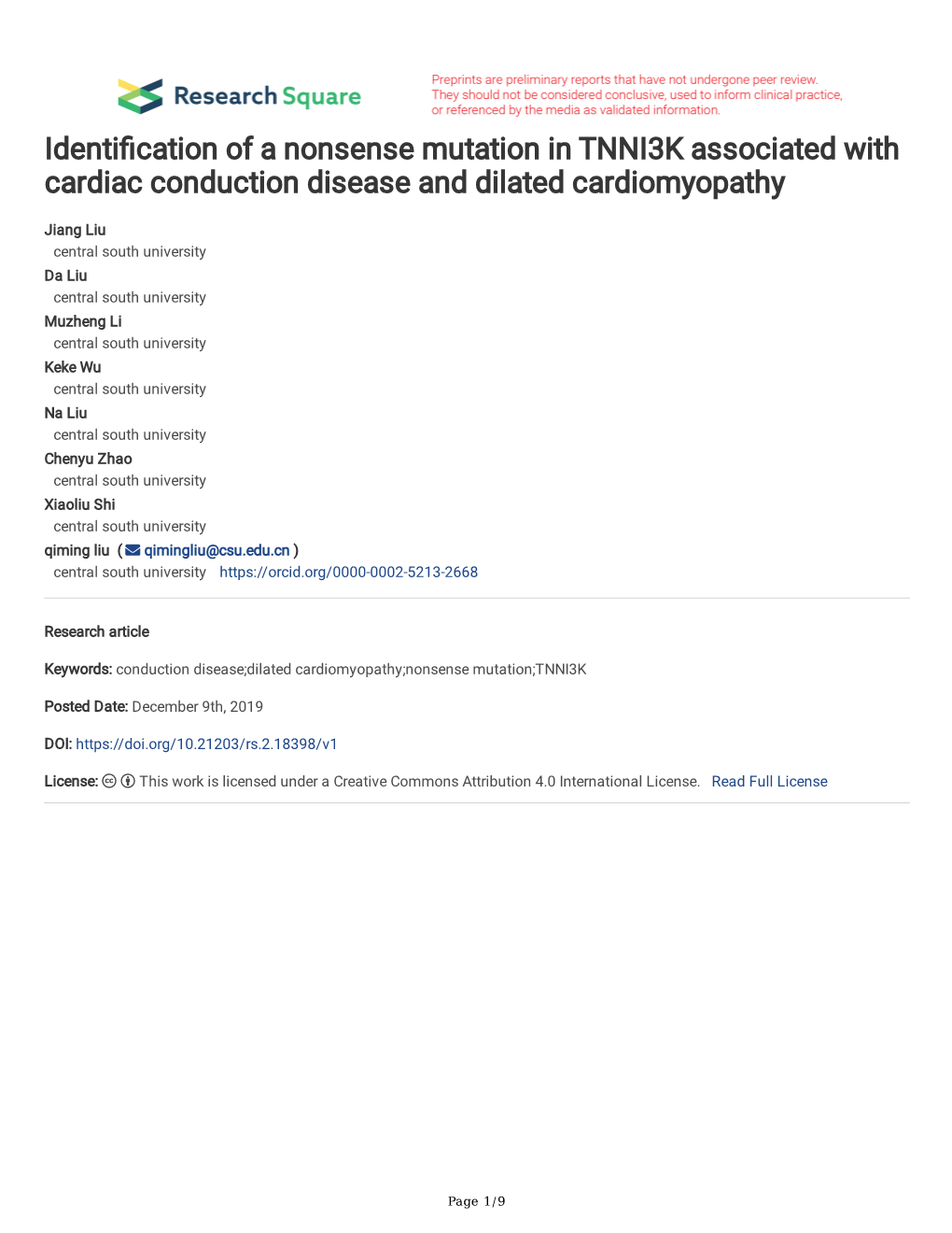 Identification of a Nonsense Mutation in TNNI3K