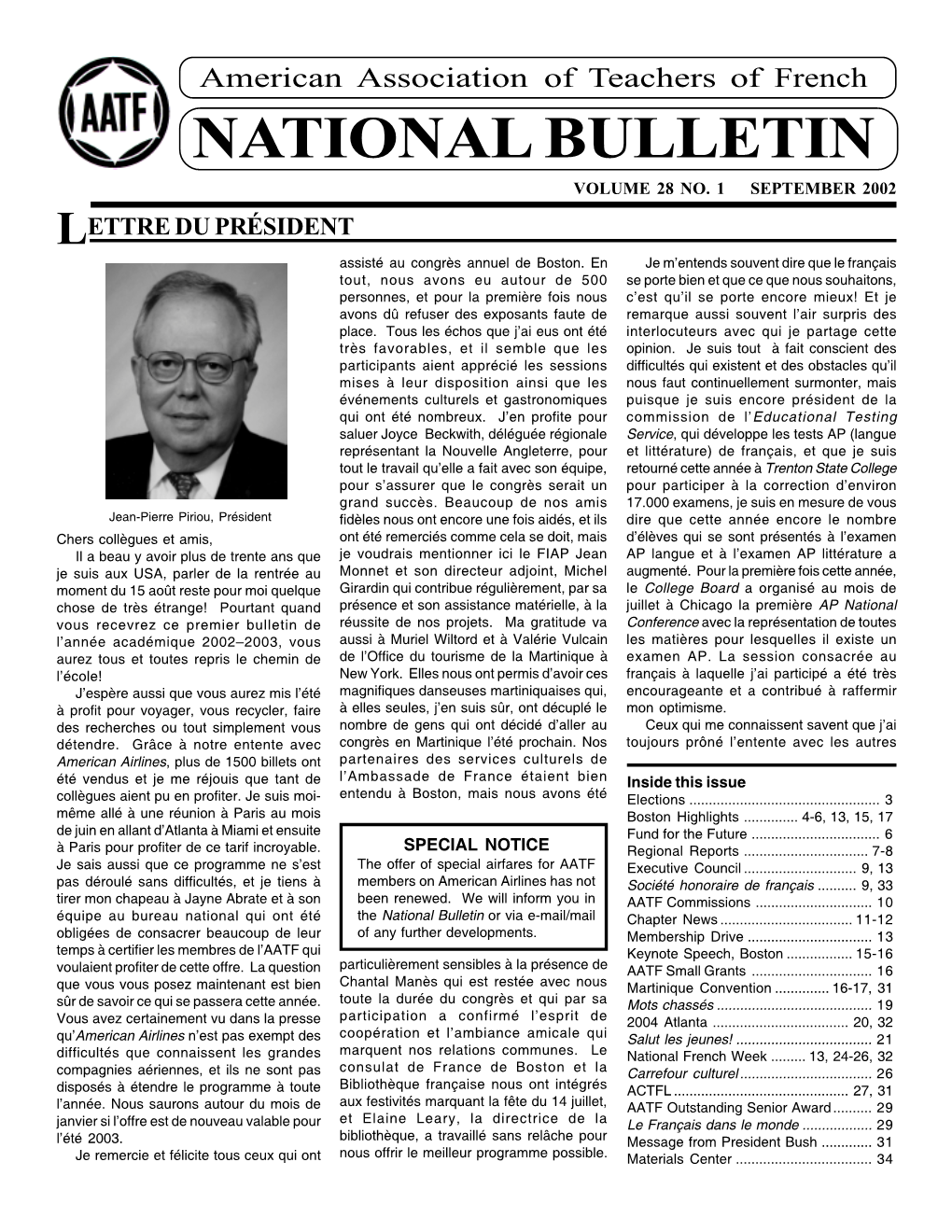 American Association of Teachers of French NATIONAL BULLETIN VOLUME 28 NO