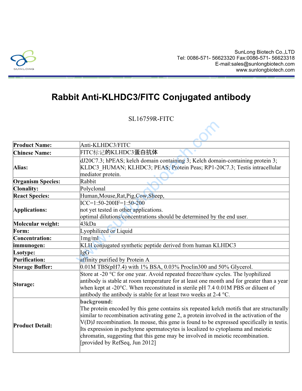 Rabbit Anti-KLHDC3/FITC Conjugated Antibody-SL16759R-FITC