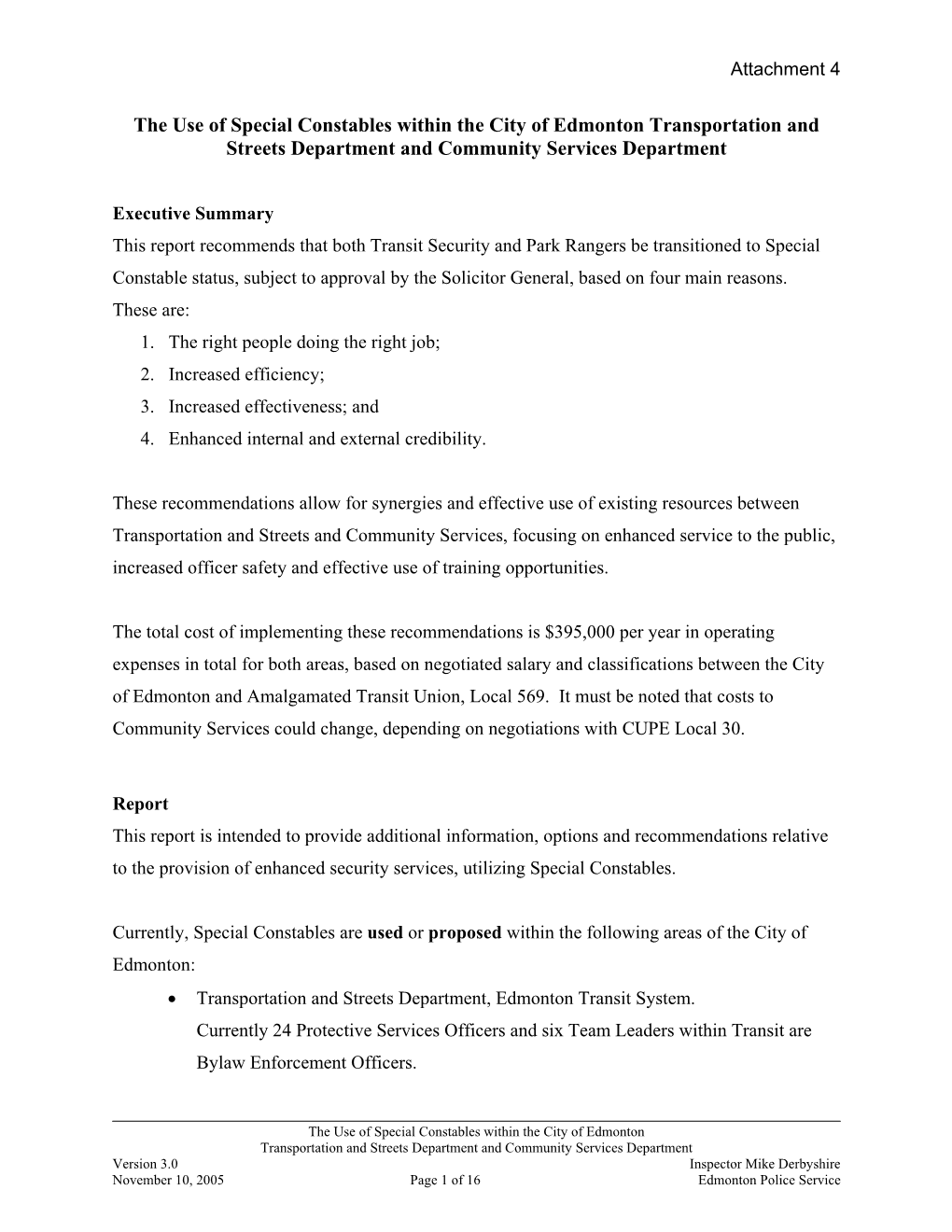 The Use of Special Constables Within the City of Edmonton Transportation and Streets Department and Community Services Department