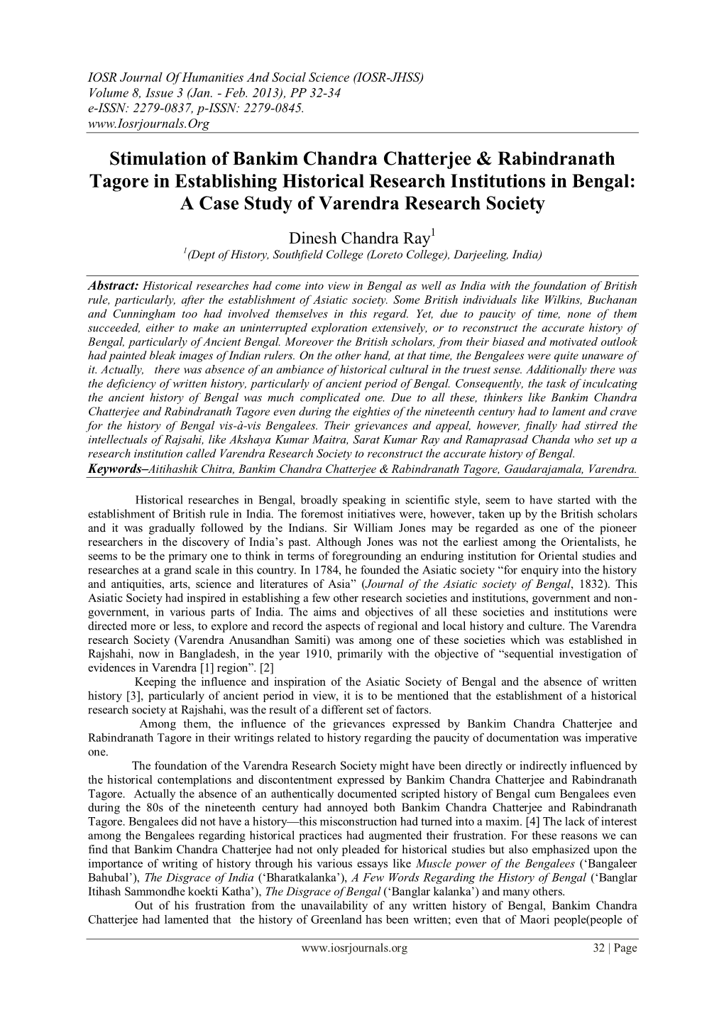 Stimulation of Bankim Chandra Chatterjee & Rabindranath Tagore in Establishing Historical Research Institutions in Bengal: a Case Study of Varendra Research Society