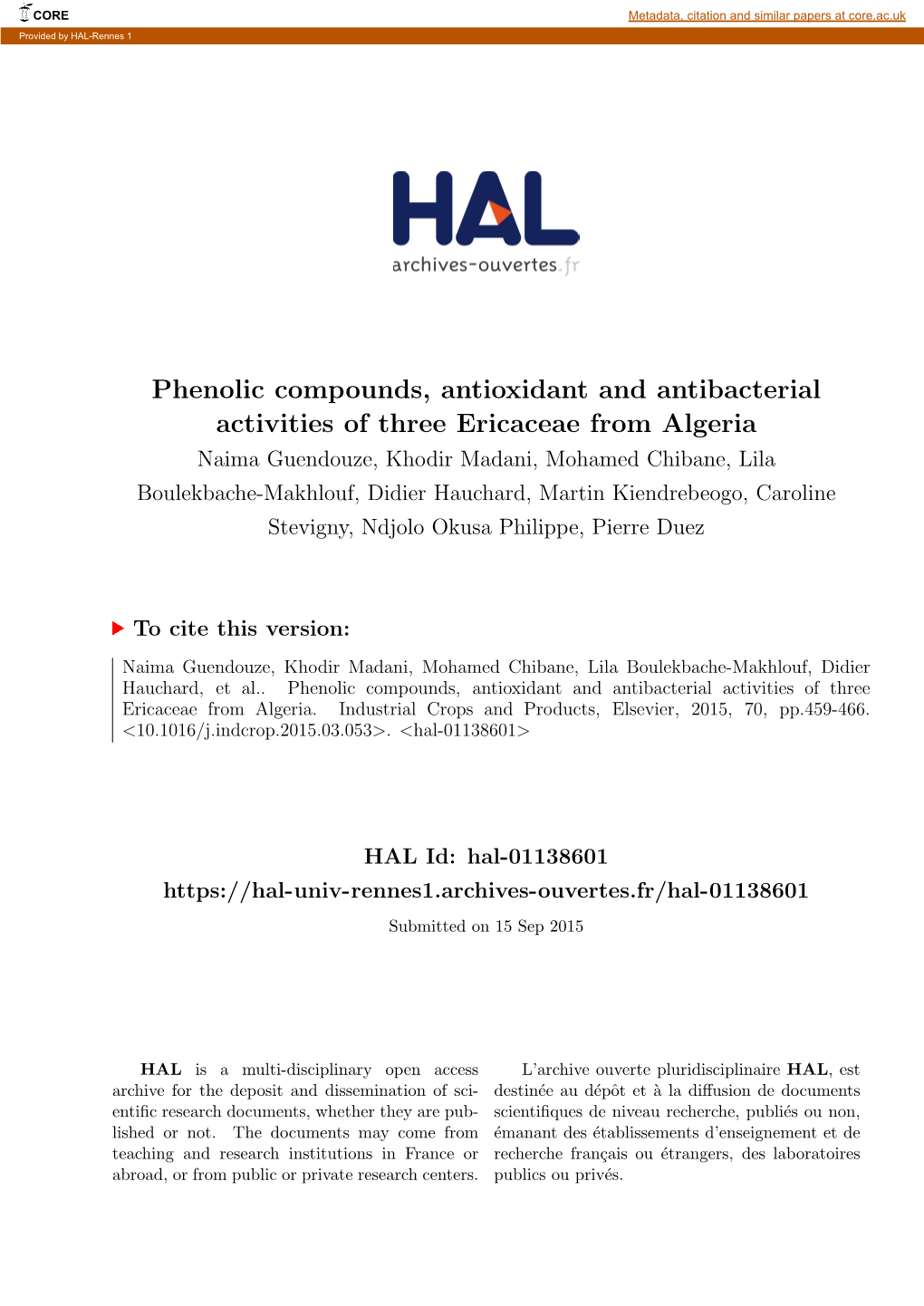 Phenolic Compounds, Antioxidant and Antibacterial Activities of Three