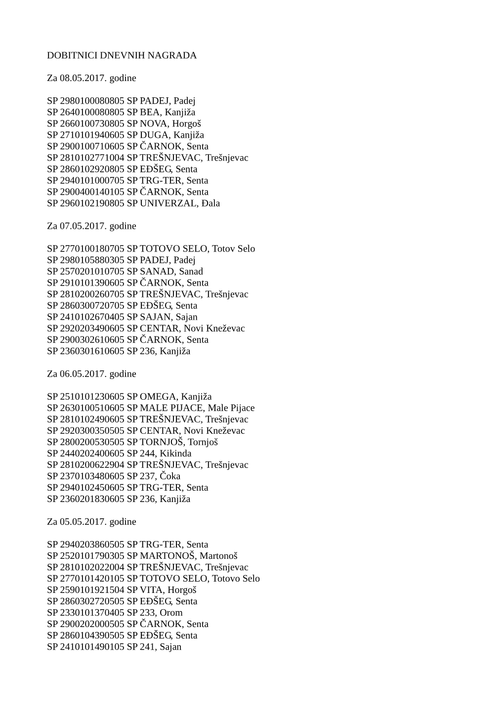 DOBITNICI DNEVNIH NAGRADA Za 08.05.2017. Godine SP