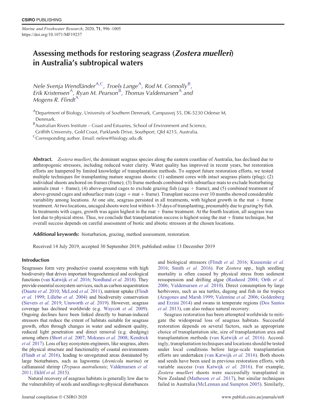 Assessing Methods for Restoring Seagrass (Zostera Muelleri) in Australia´S Subtropical Waters