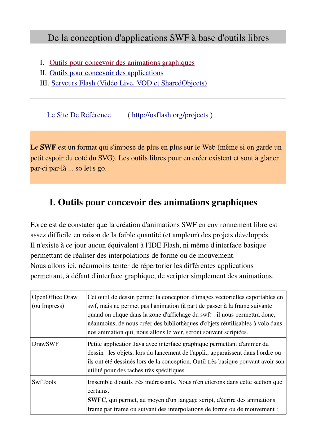 De La Conception D'applications SWF À Base D'outils Libres I. Outils Pour Concevoir Des Animations Graphiques