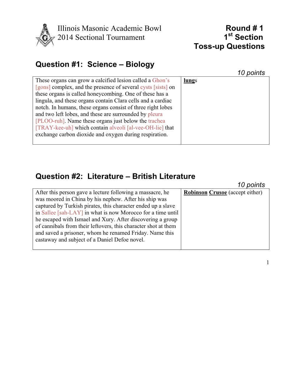 Illinois Masonic Academic Bowl Round # 1 2014 Sectional Tournament 1St Section Toss-Up Questions