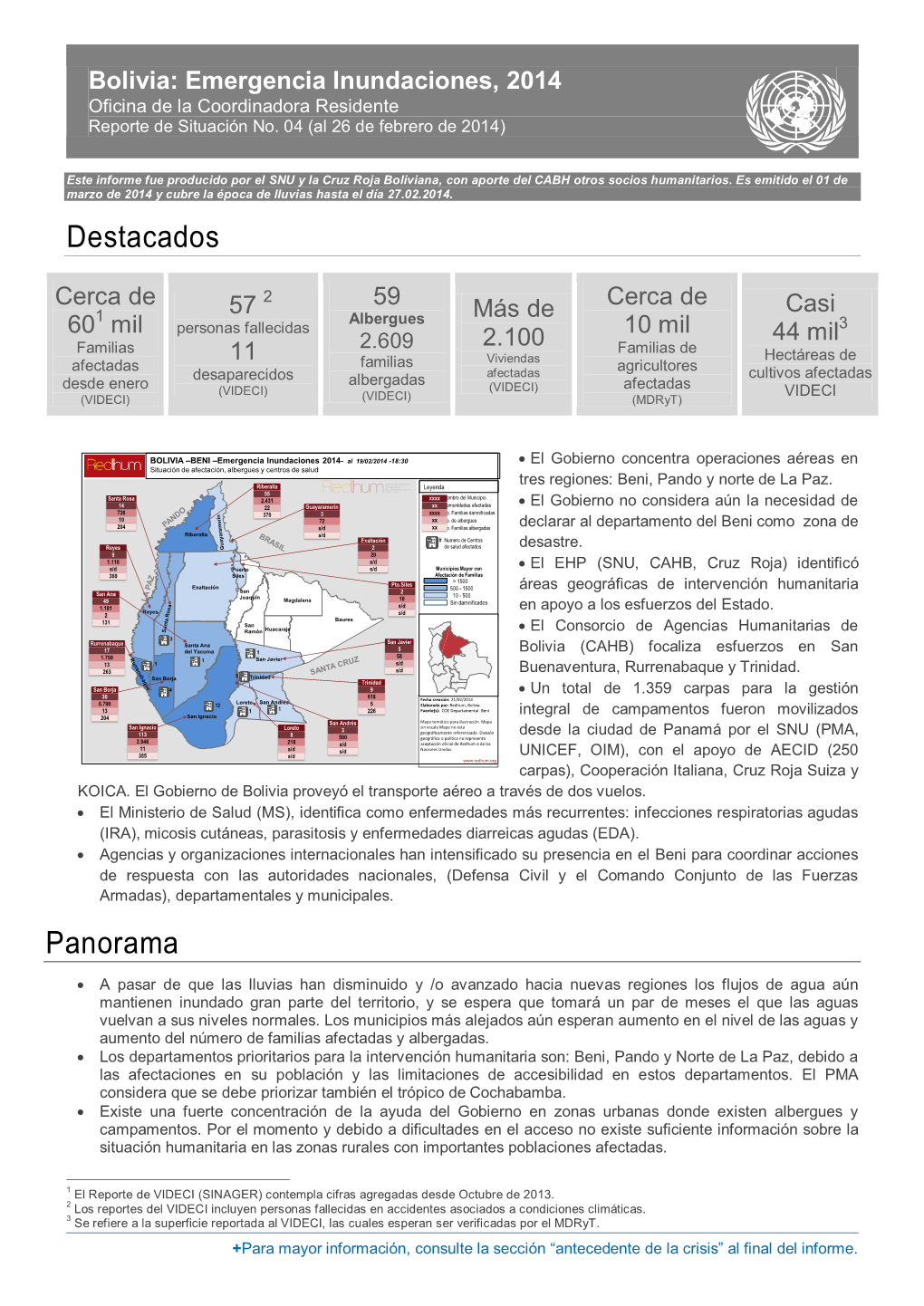 Bolivia: Emergencia Inundaciones, 2014 Oficina De La Coordinadora Residente Reporte De Situación No