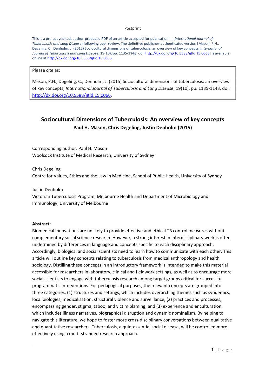 Sociocultural Dimensions of Tuberculosis: an Overview of Key Concepts, International Journal of Tuberculosis and Lung Disease, 19(10), Pp