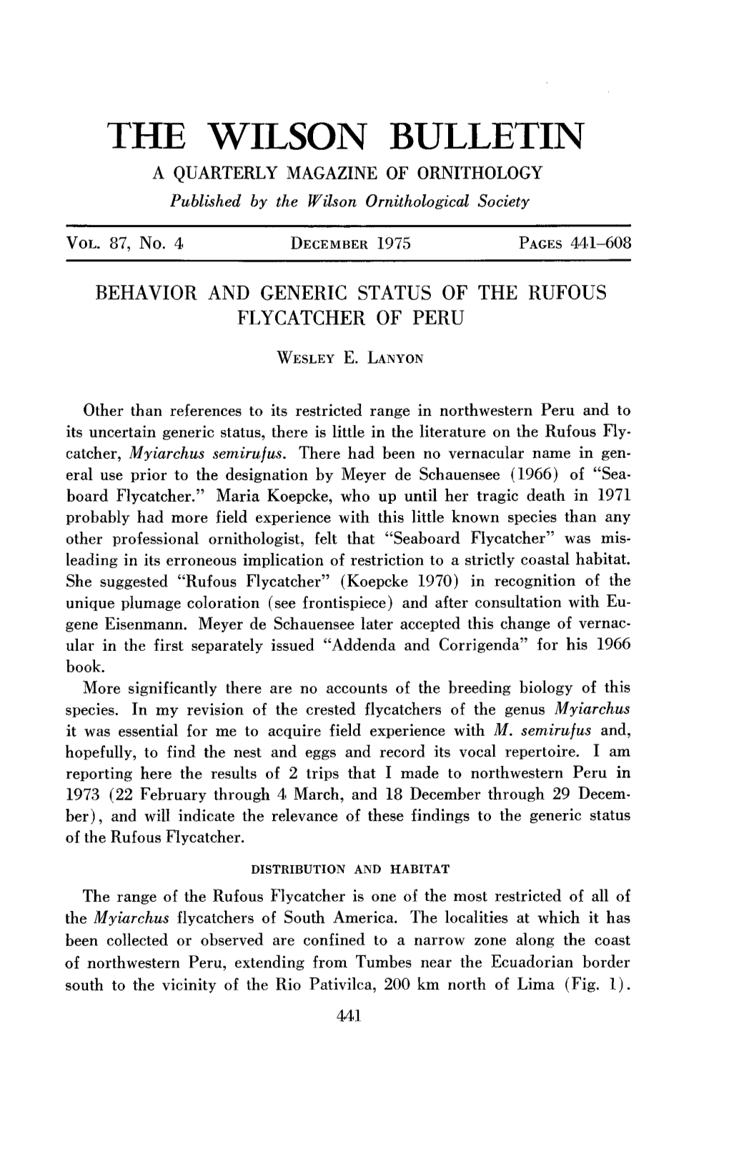 Behavior and Generic Status of the Rufous Flycatcher of Peru