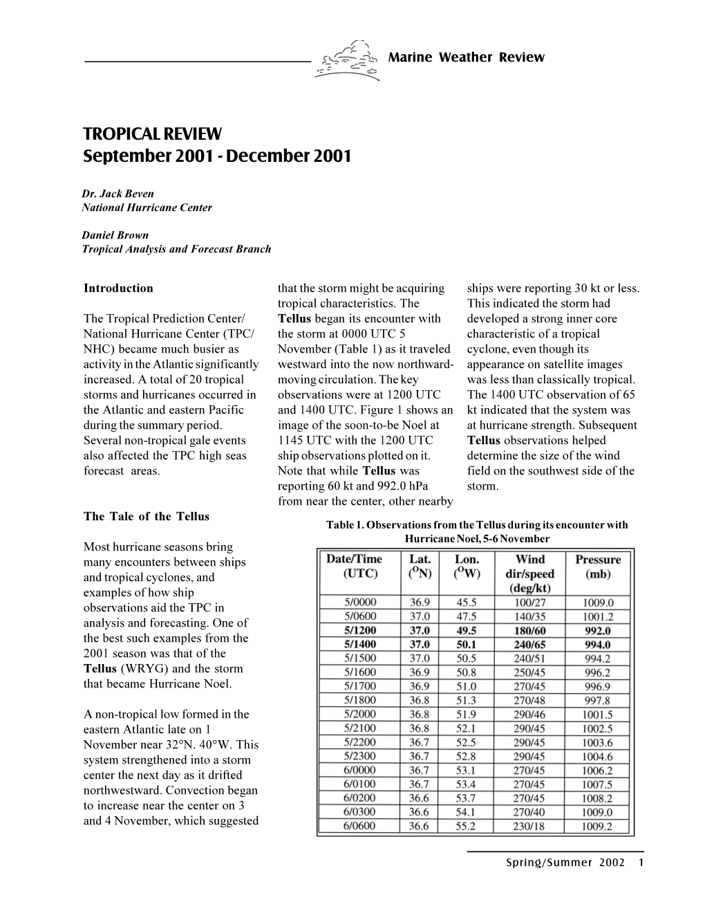 Mariners Weather Log Spring Summer 2002-2