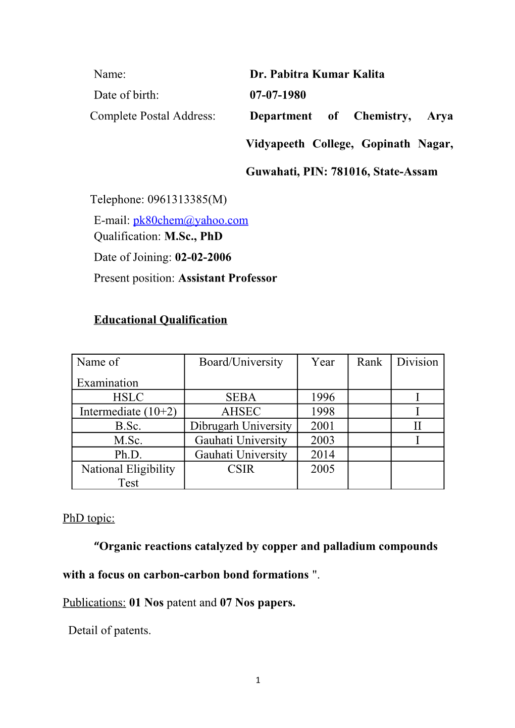 Name: Dr. Pabitra Kumar Kalita