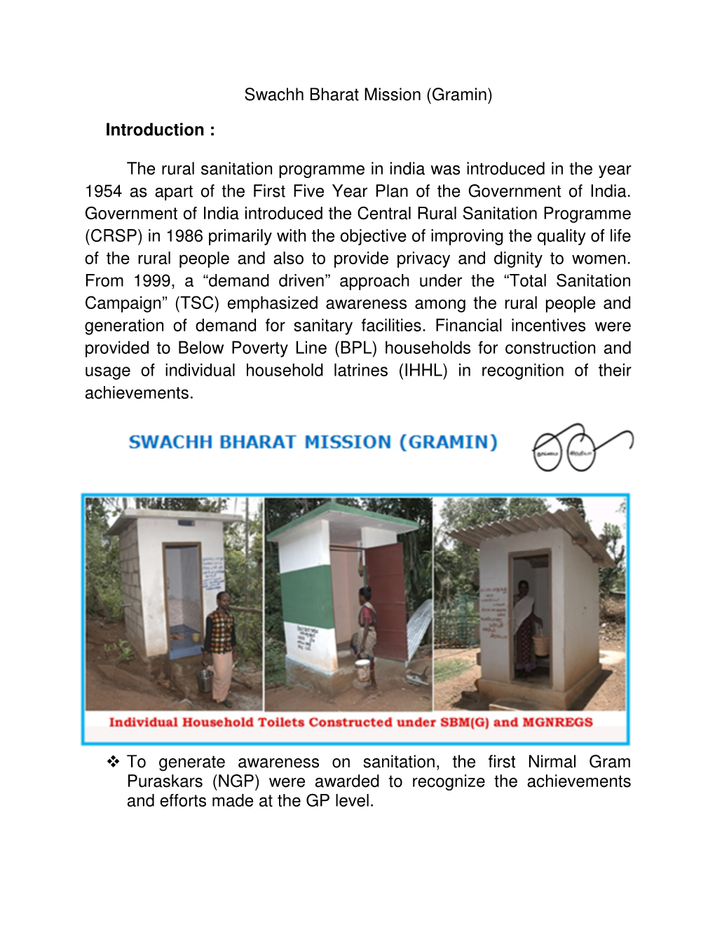 Swachh Bharat Mission (Gramin) Introduction : the Rural Sanitation