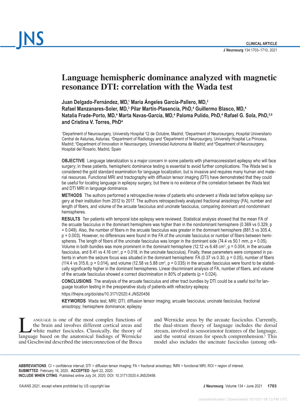 Language Hemispheric Dominance Analyzed with Magnetic Resonance DTI: Correlation with the Wada Test