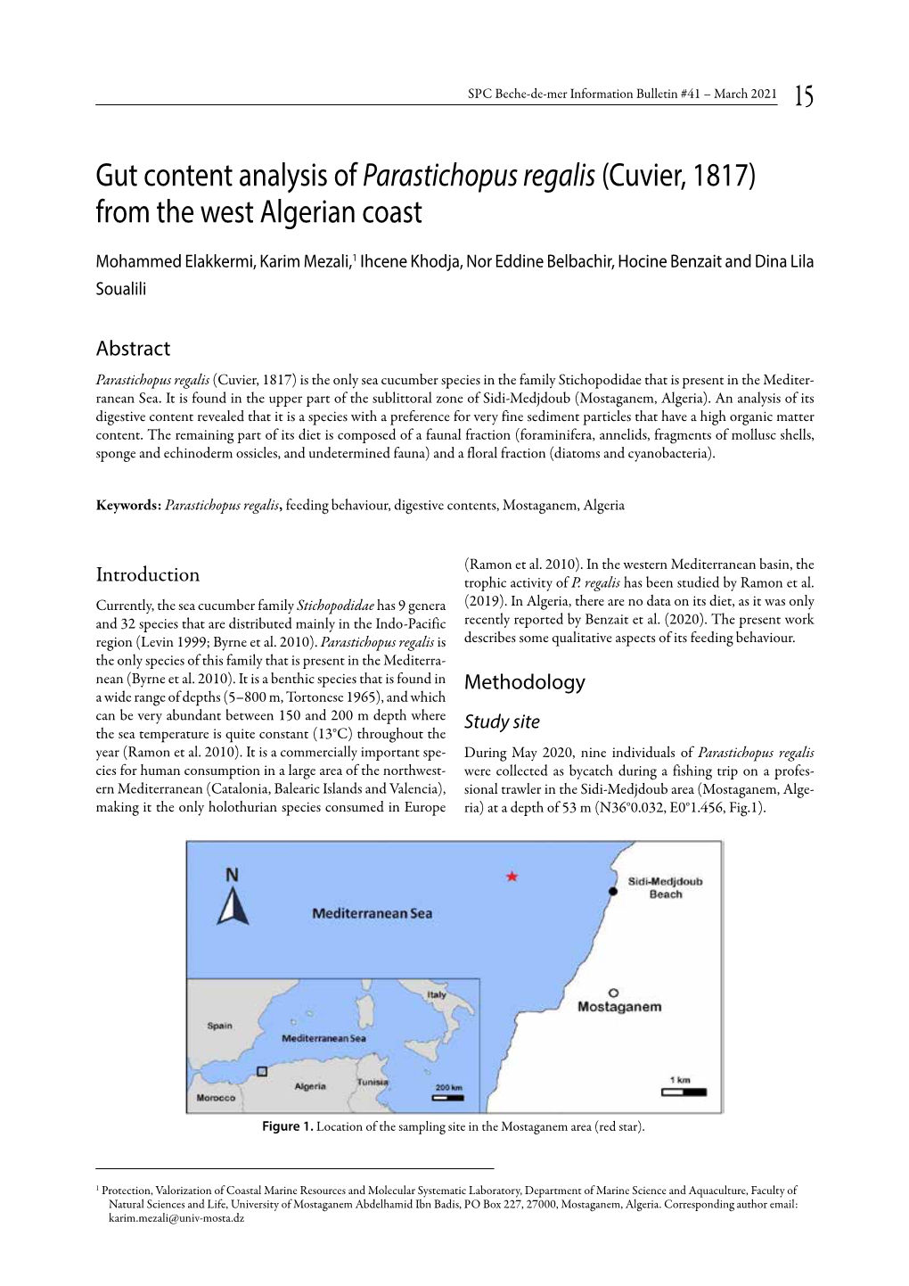 Gut Content Analysis of Parastichopus Regalis (Cuvier, 1817) from the West Algerian Coast