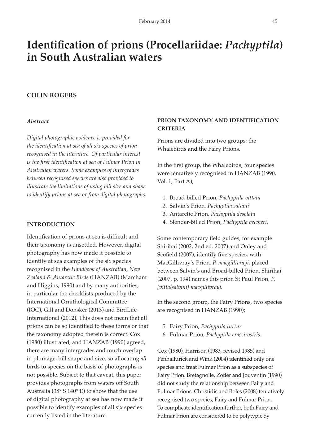 Identification of Prions (Procellariidae:Pachyptila ) in South Australian Waters